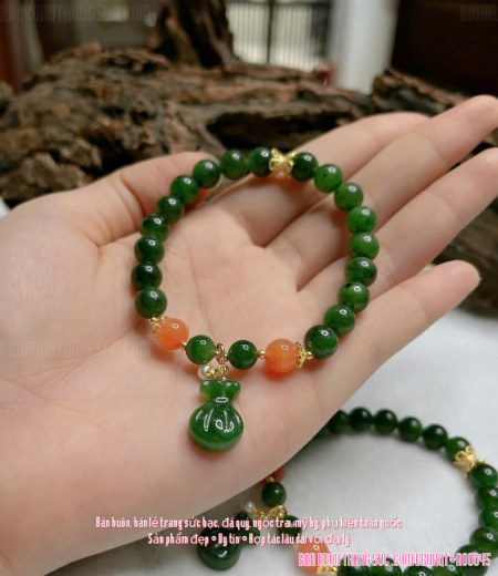 vòng tay ngọc bích mix túi tiền và charm nam hồng